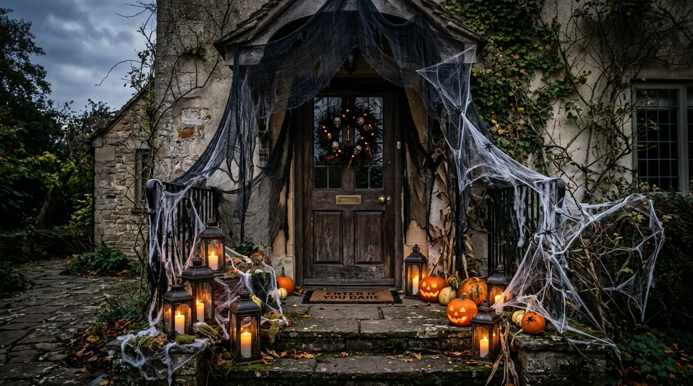 Frame the door with lanterns or candlelight inspiration for a Halloween front door entrance.
